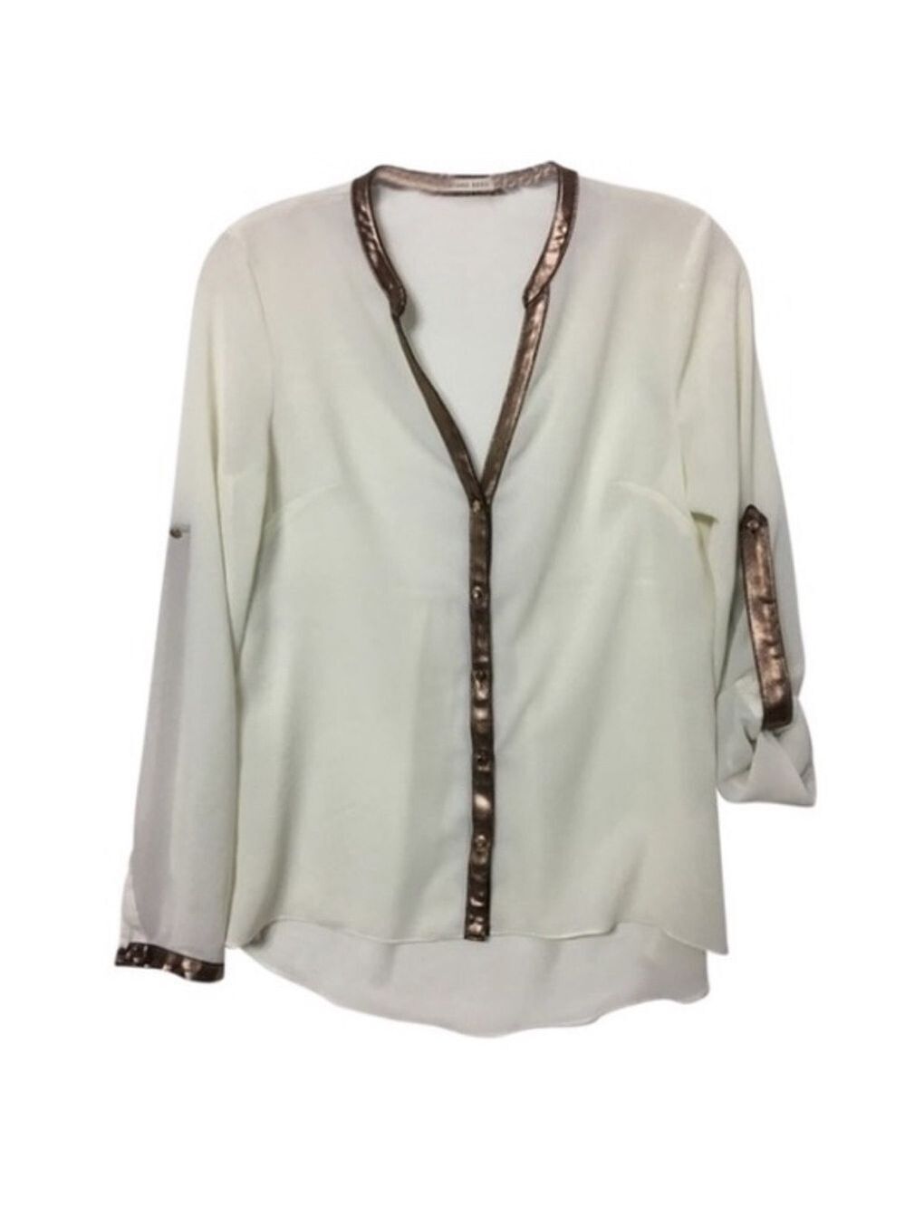 Mustard Seed semi sheer copper trim blouse size S
